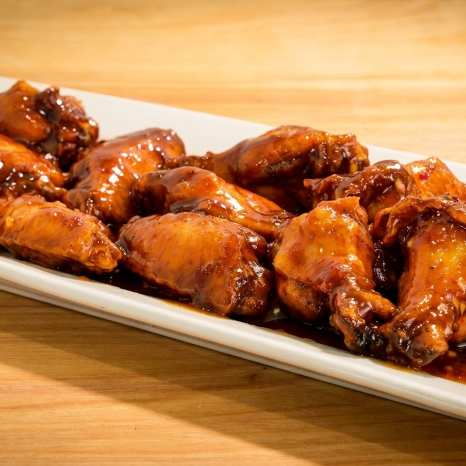 A white rectangular platter filled with glistening, saucy chicken wings on a wooden table.