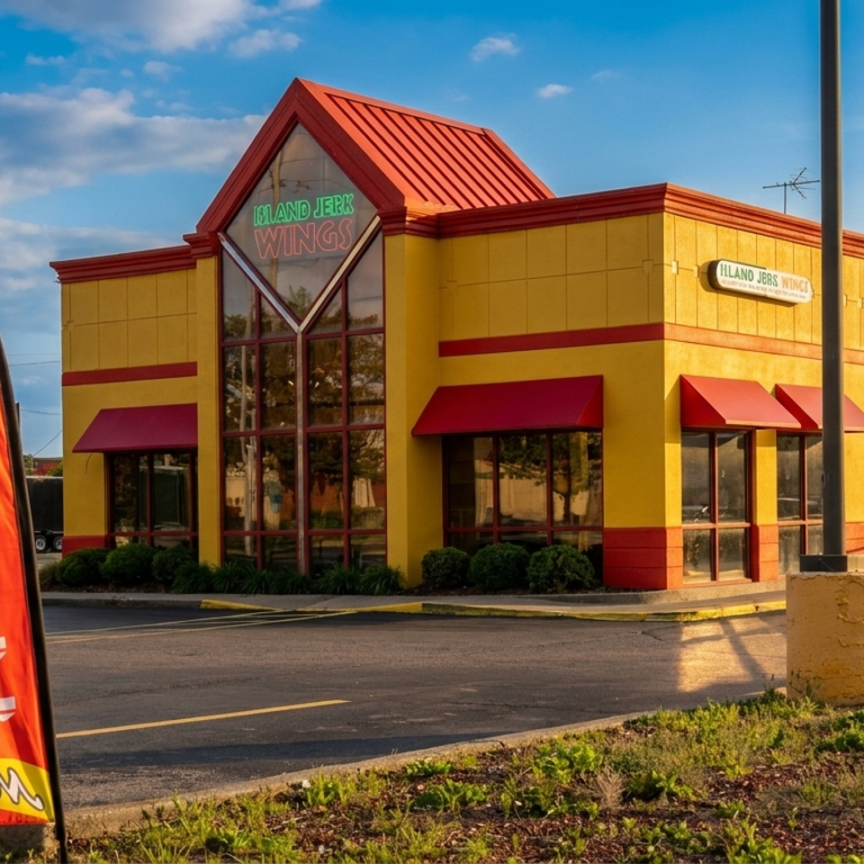 An "OPEN" flag stands before the yellow and red Island Jerk Wings restaurant under a blue sky.