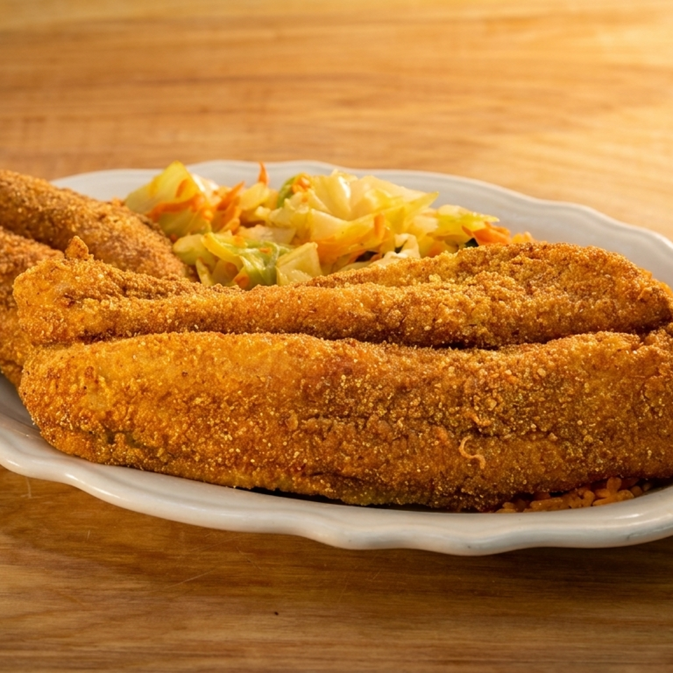 Fried fish fillets with rice and cabbage on a white plate, on a wooden table.
